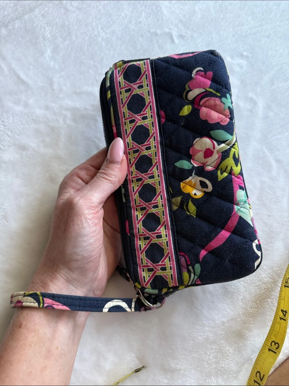 Vera Bradley Navy Quilted Floral Wristlet with Pink and Green Accents